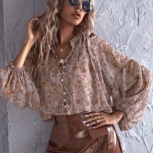 Boho brown paisley print button up Crop Top